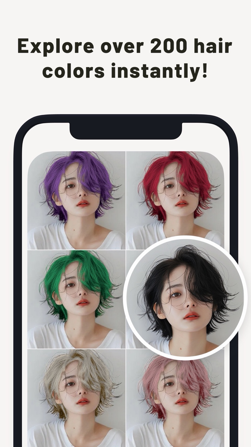 PerfectHairColor screen: one portrait shown in purple, red, green, silver and pink hair next to the original black hair