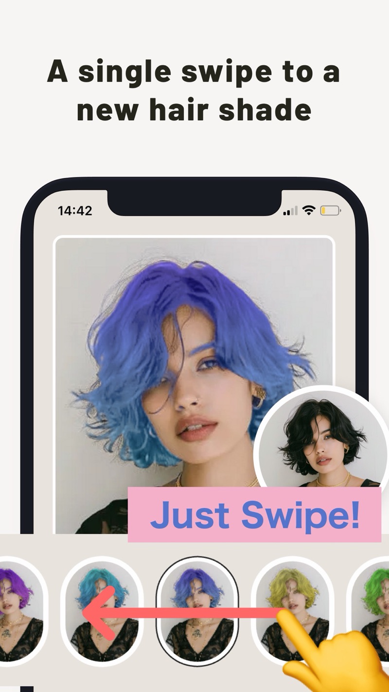 Swiping along a row of hair color thumbnails to change a portrait to blue hair