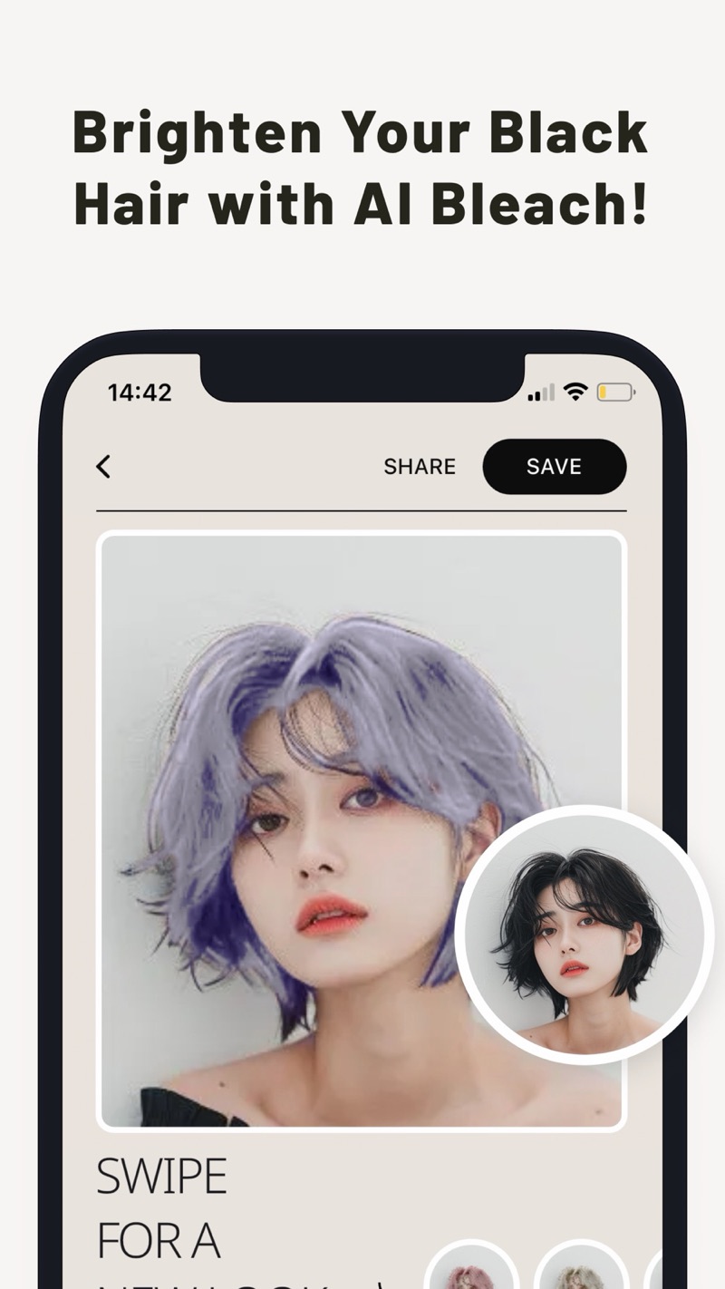 A black-haired portrait lightened to a pale lavender with the bleach effect, original photo in a corner circle