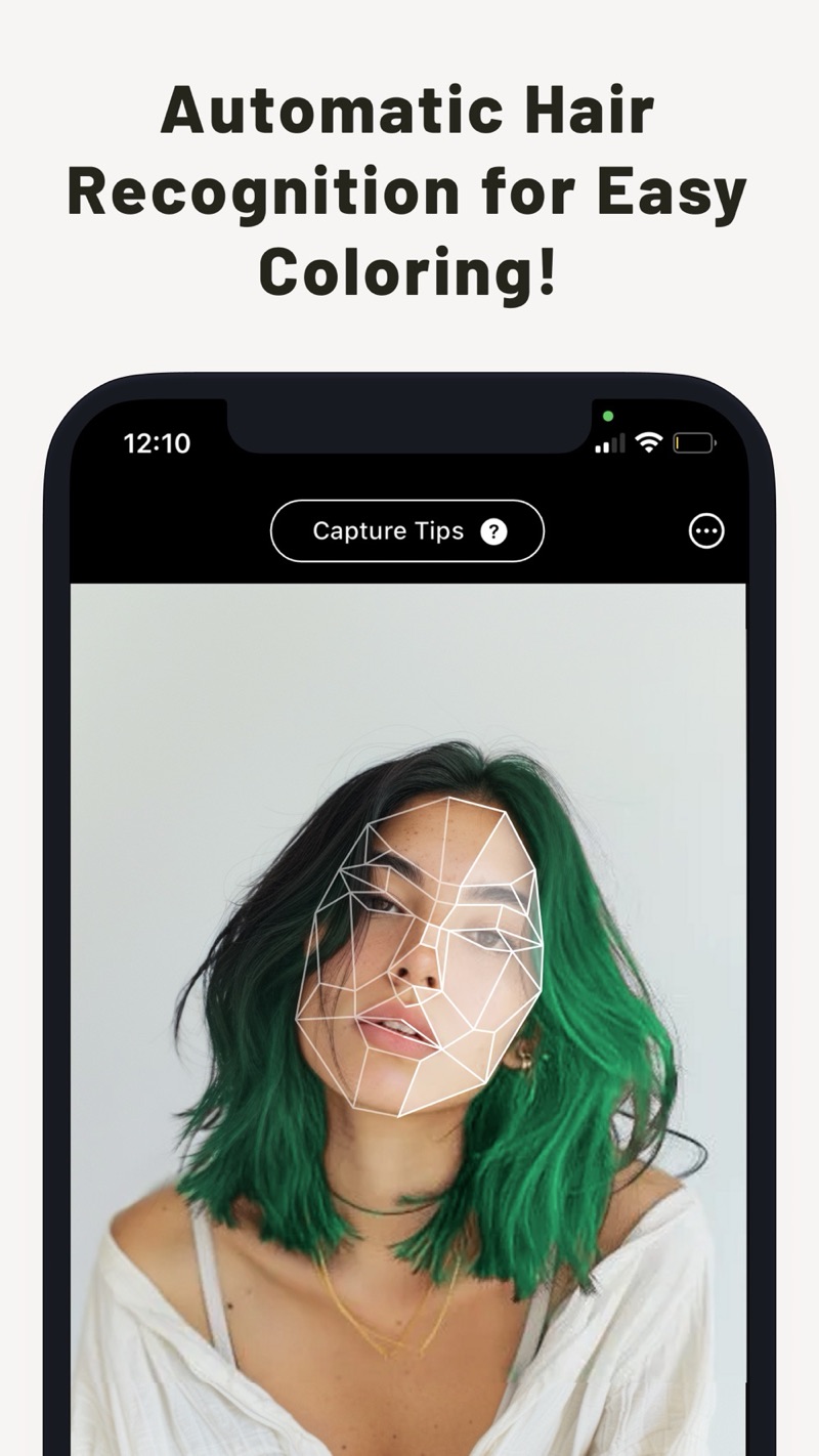 Camera screen with a face outline on a portrait whose hair is already shown in green