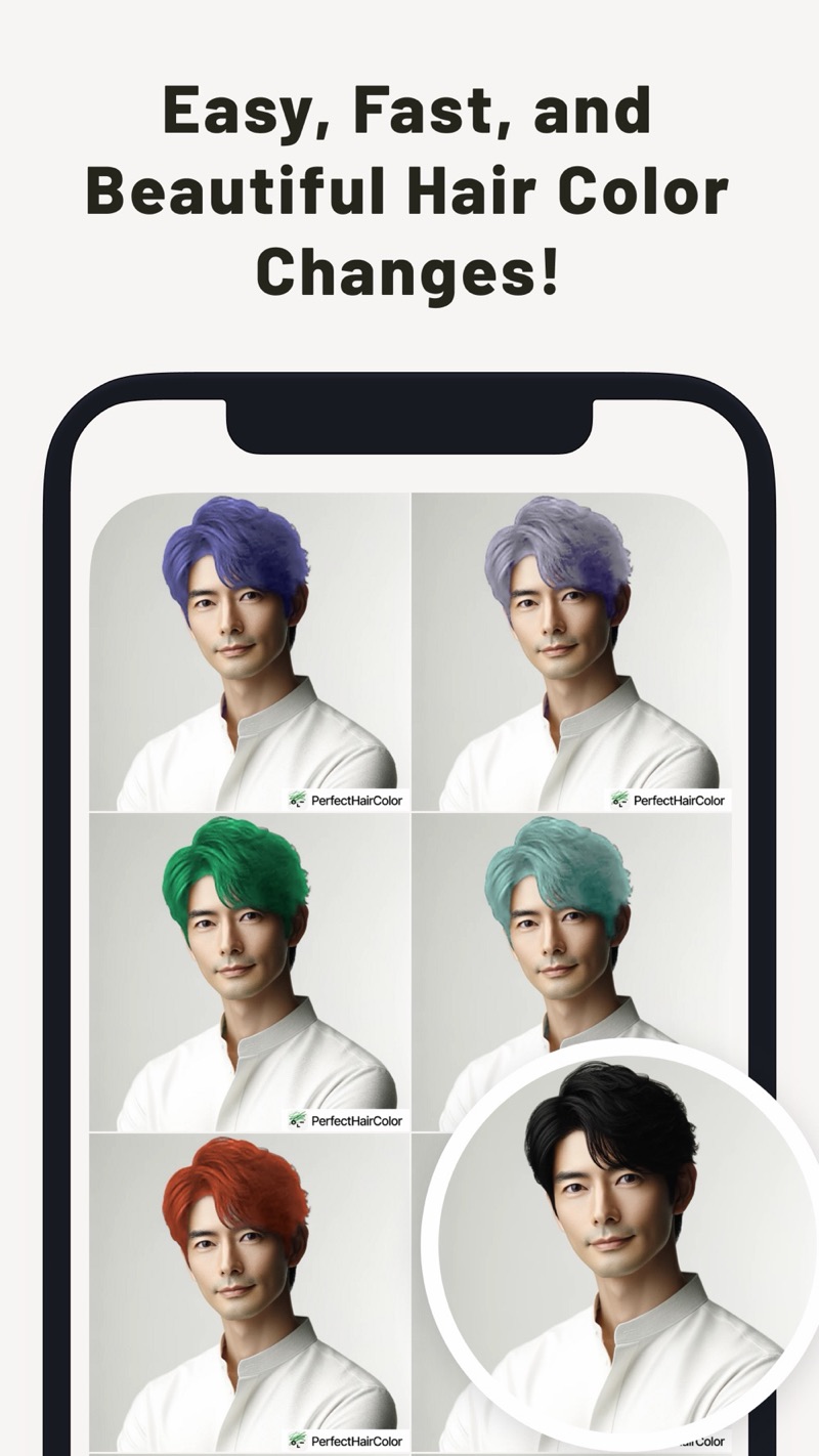 Six versions of one portrait in blue, silver, green, mint and red hair, with the original black hair in a circle